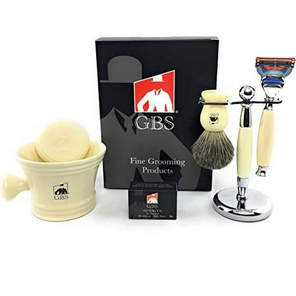 G.B.S Men's Shaving Set Includes Five Blade Razor, Synthetic Brush & Razor Dual Stand, Ivory Shaving Mug with 97% All Natural