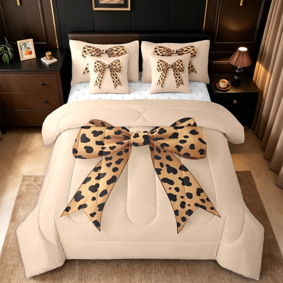 Erosebridal Chic Cheetah Print 7-Piece Twin Bedding Sets For Adults,Fashion Cheetah Pattern Bowknot Bedding Comforter Set For Girls Kids,Reversible