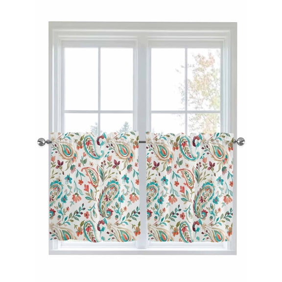 Boho Flower 2 Panel Kitchen Curtains for Small Windows, Spring Watercolor Paisley Floral Leaf Plant Bathroom Tier Curtain, Short Window Treatment for Bedroom/Living Room 55"x36"