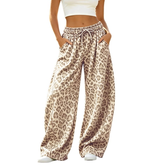 TGPMGRZ Women's Leopard Pants Wide Leg Baggy Sweatpants Casual Comfortable Trousers with Pockets