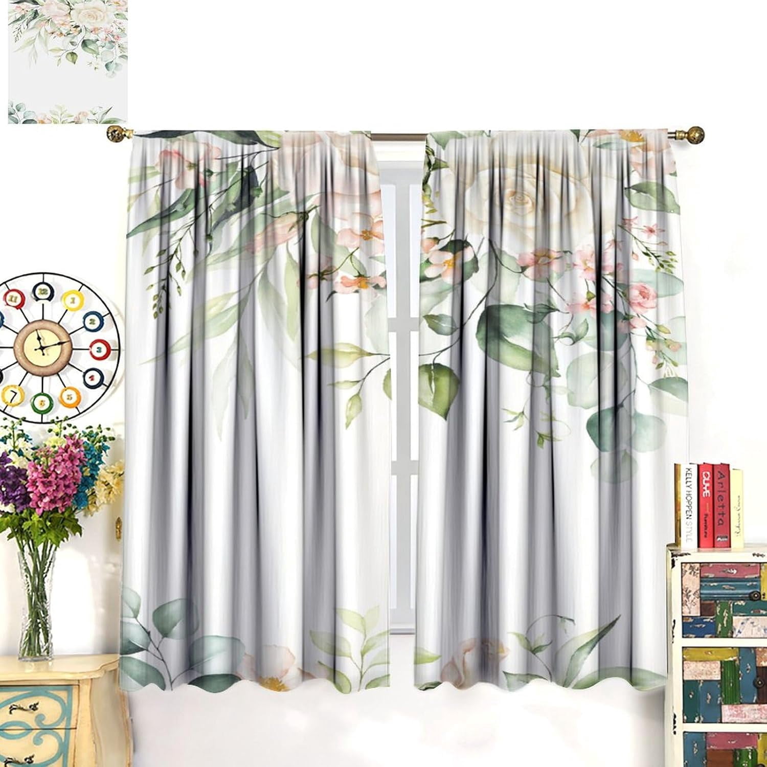 Floral Leaves Curtains Colorful Flower Watercolor Leaves Nature Rustic Pattern Blackout Print Rod Pocket Window Drapes for Bedroom Living Room 52x84in