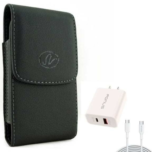 6ft Long Cable Fast Type-C 36W PD Home Charger w Holster Leather Case Belt Clip for Motorola Moto Z Force Droid, Revvlry Plus, G7 G Stylus Power (2020) - OnePlus 7T, 6T, 6, 9 - Razer Phone 2