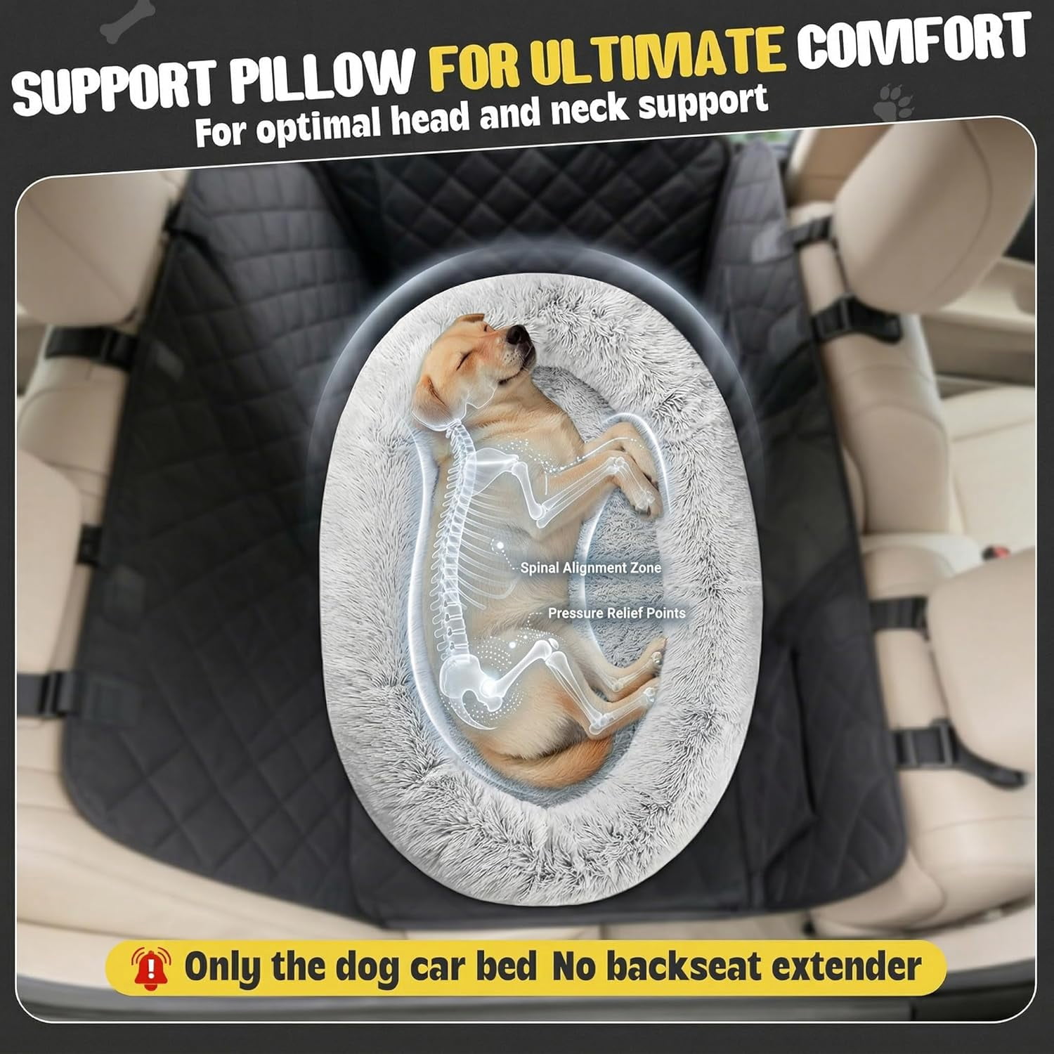 Orthopedic Car Dog Bed for Large Dogs, Waterproof Faux Fur Calming Travel Bed