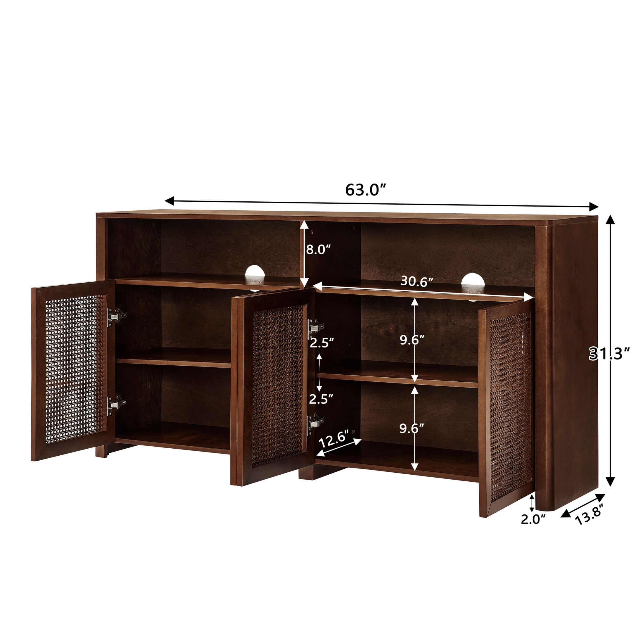 GDF Studio 63" Mid Century Modern Rattan Sideboard Buffet Cabinet with 4 Doors, Adjustable Shelves, Walnut