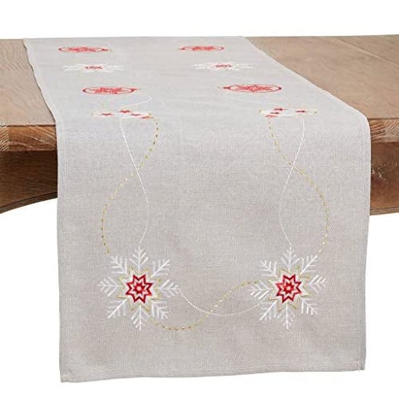 Fennco Styles Embroidered Ornaments & Snowflake Holiday Table Runner 16" W x 72" L - Silver Festive Table Cover for Christmas, Family Gathering, Banquets and Special Events