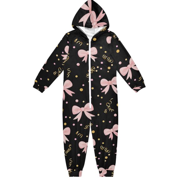 Black Background Pink Bows Boys & Girls Hooded One-Piece Pajamas Warm Crystal velvet Hooded Long Sleeve Loungewear Jumpsuit Unisex