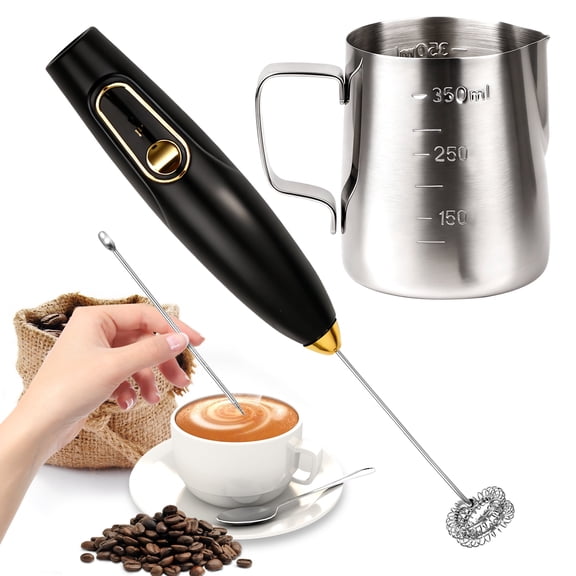 MOJINO Rechargeable Milk Frother Set, Handheld Drink Mixer with Stainless Steel Whisk, 12oz Stainless Steel Milk Frothing Pitcher, USB-C Frother Wand for Coffee, Latte & Cappuccino