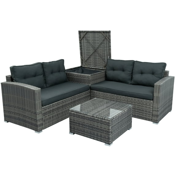 4 Piece Outdoor Patio Furniture Wicker Sets, PE Rattan Modular Conversation Furniture Sets with Cushions & Coffee Table, Outdoor Sectional Sofa for Porch, Poolside, Backyard, S13094
