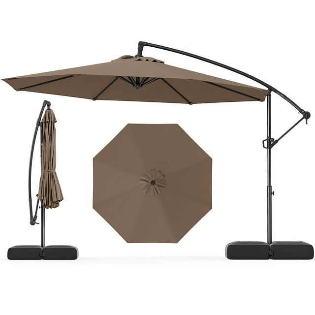 Gymax 10 FT Offset Hanging Umbrella w/ Base Patio Cantilever Umbrella 360° Rotation Taupe