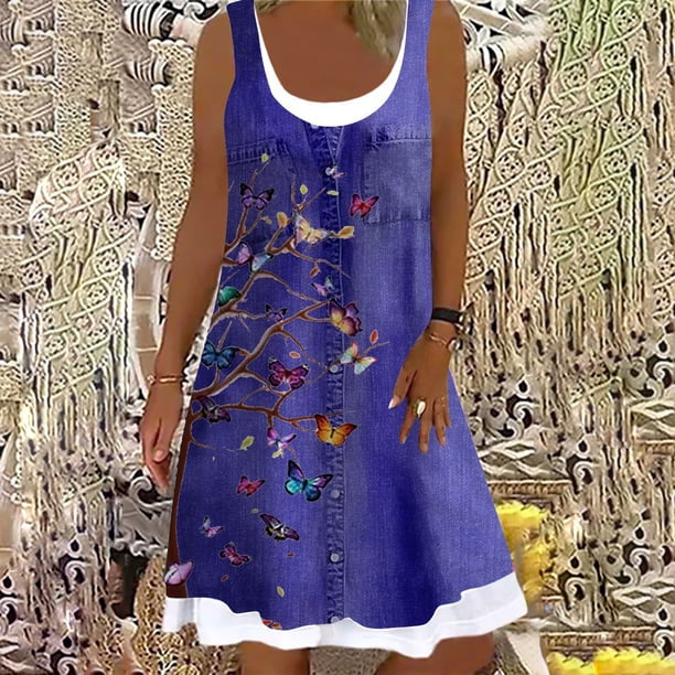 Women's A-Line Dress Sleeveless Spring Summer Casual Patchwork Print Knee Length Dress Fashion 3D Printing Denim Print DressS Gao Jinjia LED