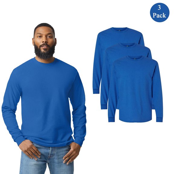Gildan Men's Heavy Cotton Long Sleeve T-Shirt, 3-Pack Casual T-Shirt, Royal Crewneck Tee, S