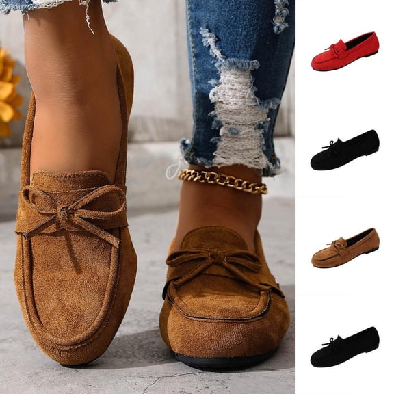BXSRUTA Women's Plus Size Slip-On Bow Round Toe Flat Loafers with Soft Sole for Everyday Comfort