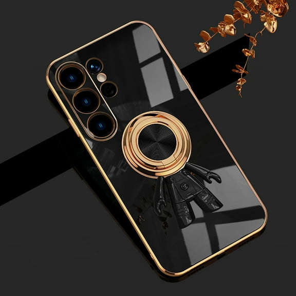 Compatible WIth Samsung Galaxy S25 Ultra Phone Case,6D Astronaut Ring Hoder Kickstand,Support Car Magnetic Bracket,Ultra Slim Shockproof Luxury Electroplated Rugged Phone Case Cover,Black