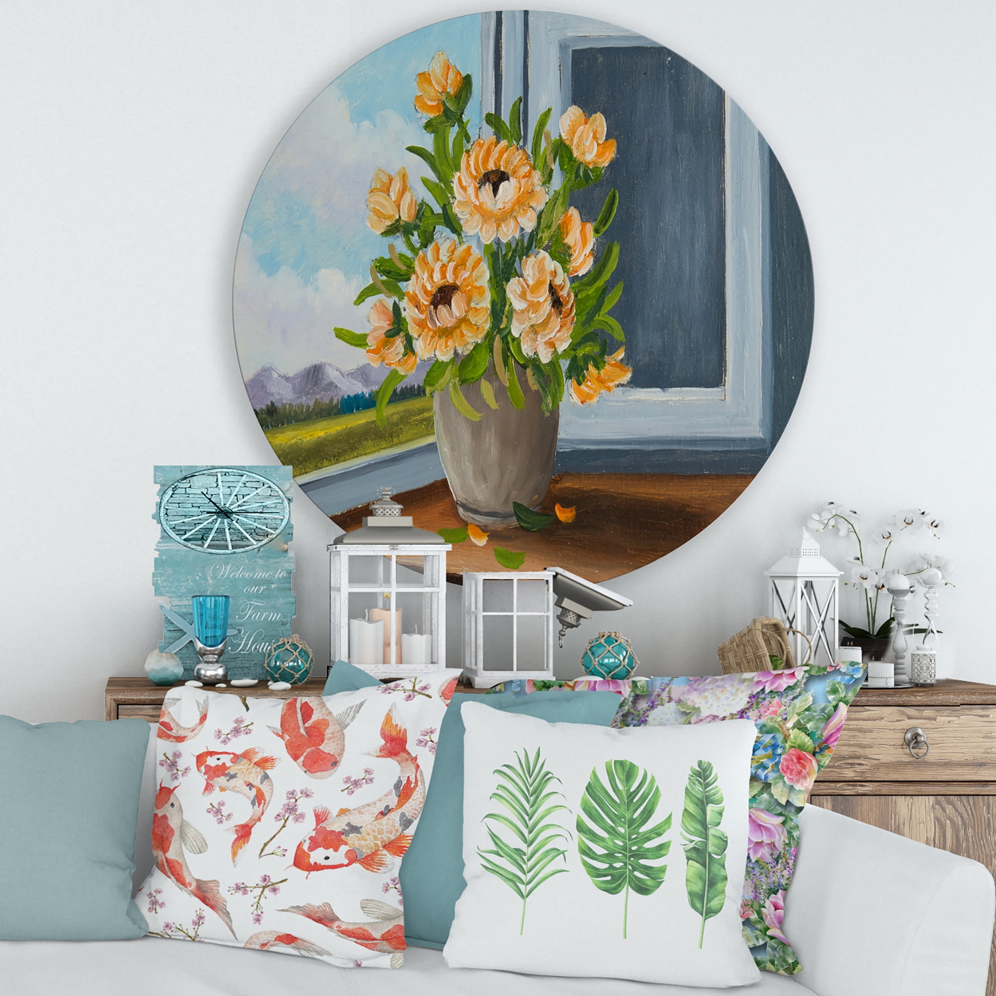 Designart 'Still Life With Orange Flowers In Vase At The Window' Traditional Circle Metal Wall Art 36x36 - Disc of 36