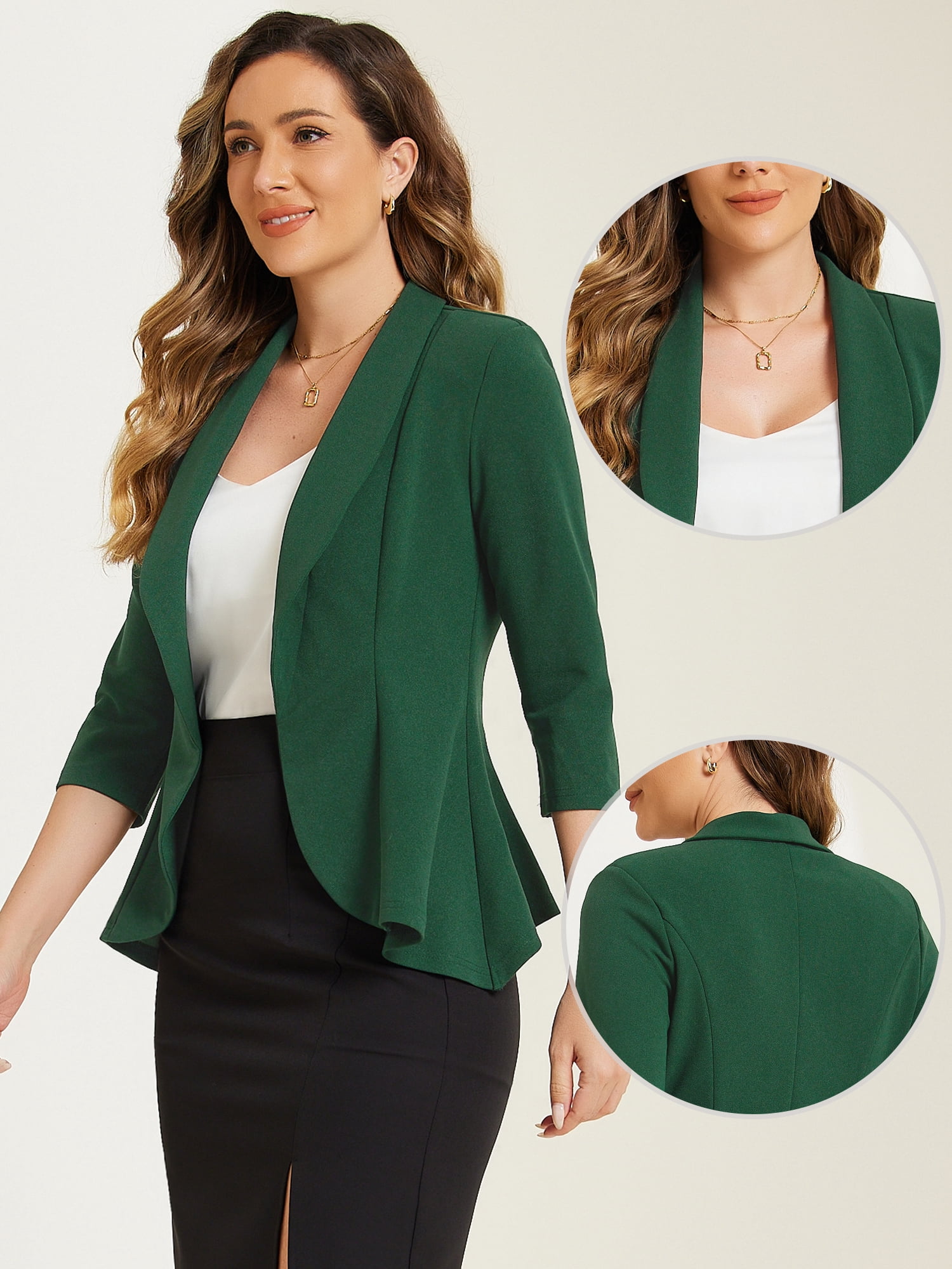 DARING DIVA Women's Draped Collar Open Front Blazer Ruffle Jacket S Dark Green