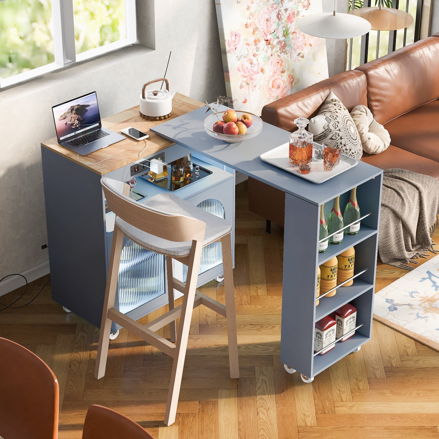 Harper & Bright Designs Rolling Kitchen Island With Extended Table, Kitchen Island on Wheels with LED Lights, Power Outlets and 2 Fluted Glass Doors, Kitchen Island with Storage Shelves, Grey-Blue