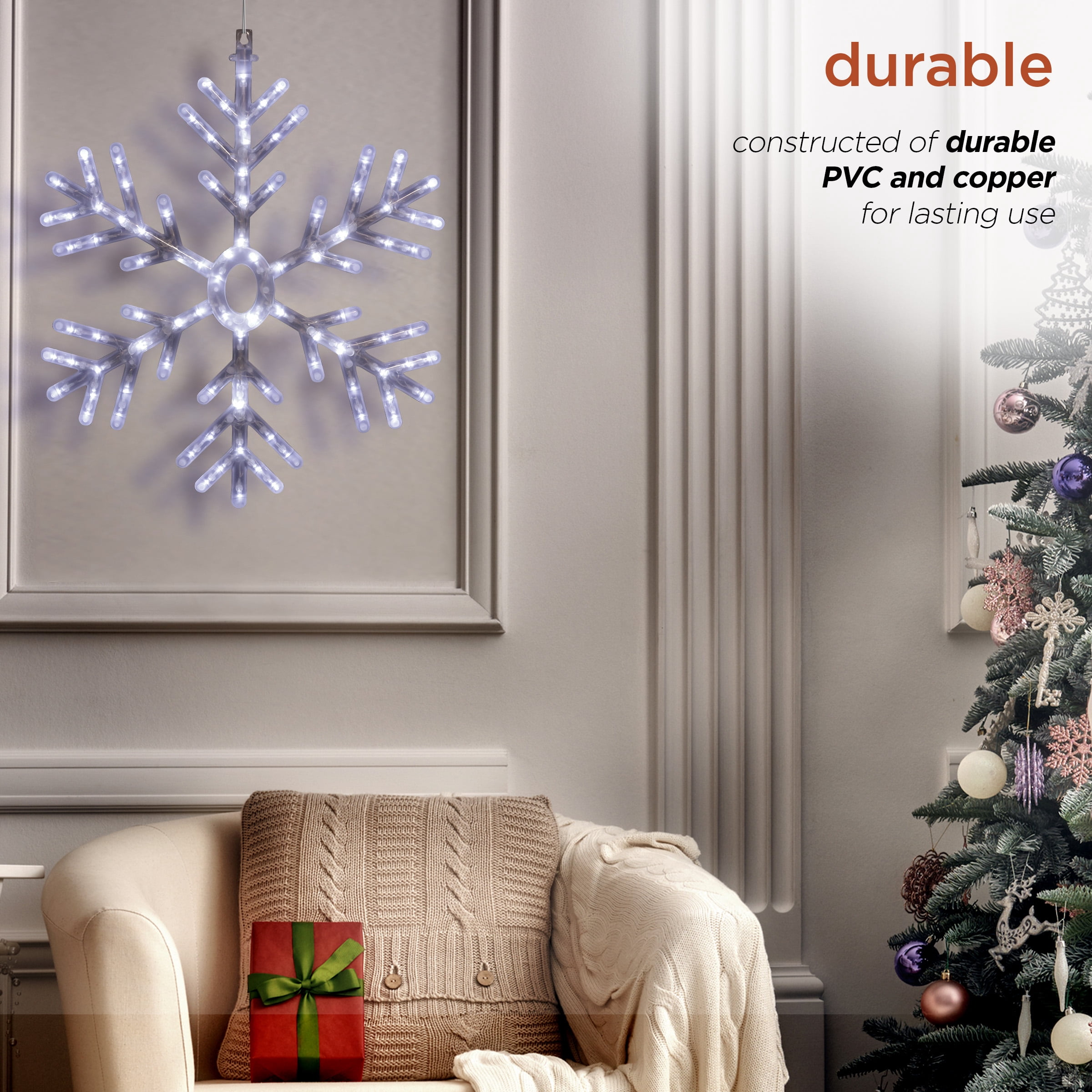 Alpine Corporation 20" x 24" Hanging Light-Up Snowflake Holiday Decoration, White