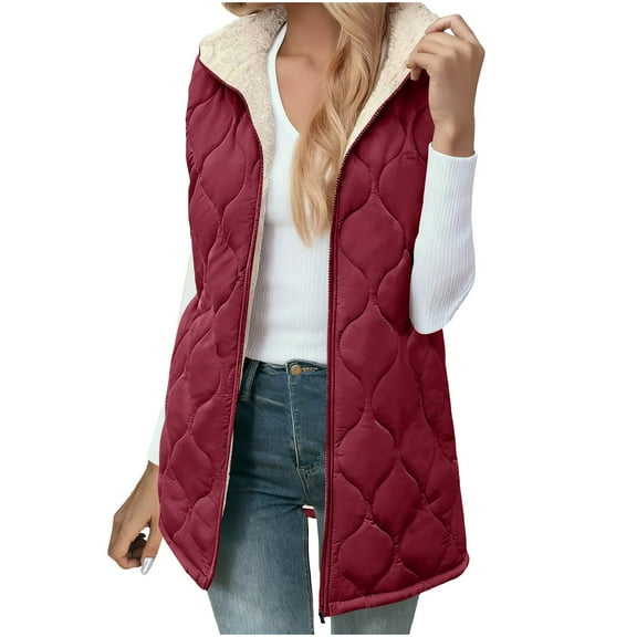 Womens Mid Long Puffer Vest Sherpa Fleece Lined Thick Warm Hooded Sleeveless Quilted Jacket Winter Coat Outerwear (XL, Red)