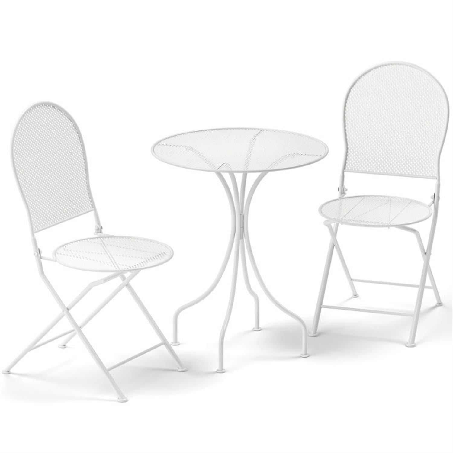 Demi Bonn 3 Piece Metal Bar Set with Patio Round Table and 2 Folding Chairs, Outdoor Bistro Sets Accent Furniture for Yard, Garden, White