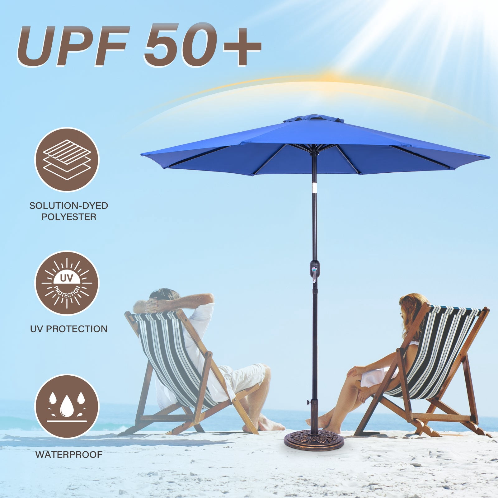 Backyard Expressions 9 ft Market Patio Umbrella UV Resistant Canopy with 8 Rib Support Frame and Push Button Tilt and Crank Lift Blue
