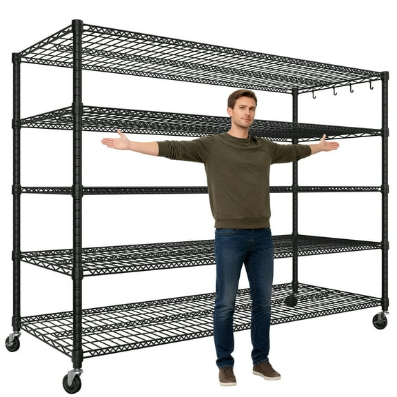 Prilinex 55.5“W Storage Shelves 3000LBS Metal Shelving with Wheels, 5-Tier Heavy Duty Wire Shelving Unit, Adjustable Garage Shelving Commercial Metal Shelves for Pantry, 55.5” W X 24''D X 76" H,Black