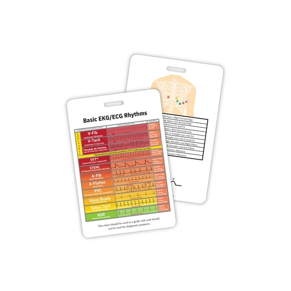 ECG Pocket Card Common Rhythms Lead Placement 6.7x9.9 cm Badge Clip Quick Reference Pocket Plastic with Hole for Lanyard Assessment Nurses EMT Paramedic