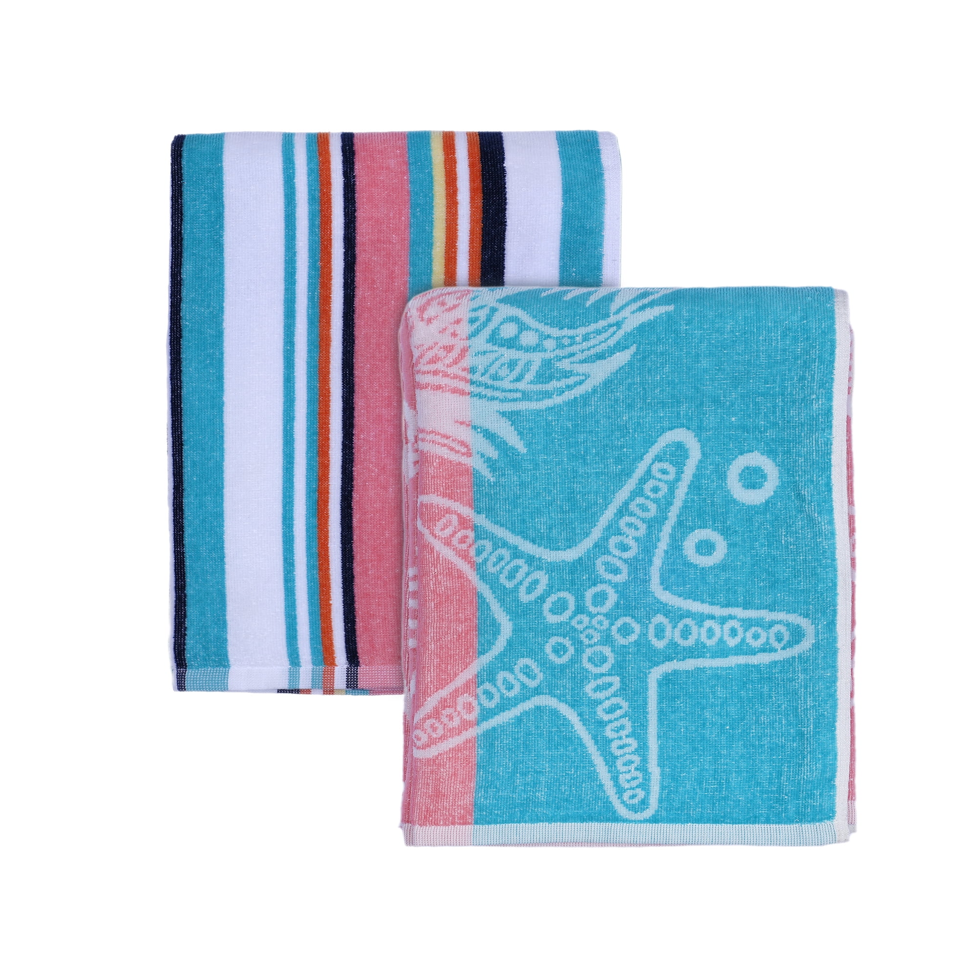 Mainstays 2pk Cotton Beach Towel, 58 x 28 in, Coral Starfish & Stripes