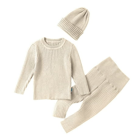 

Kiplyki New Arrivals Set for Baby Infant Keep Warm Sweater Long Sleeve Tops Pants Trousers Solid Color Clothes Hat Set