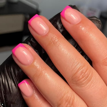 30 PCS Hot Pink French Tip Press on Nails Short Square Nails,Fake Nails Glue on Nails Short,Acrylic Nails False Nails,Stick on Nails Gel Nails Press ons