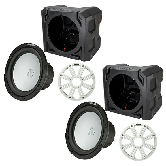 Kicker Two 45KM104 10" Marine Subwoofers 4-Ohm White LED Grill with SSV Universal Marine Sub Box Enclosures