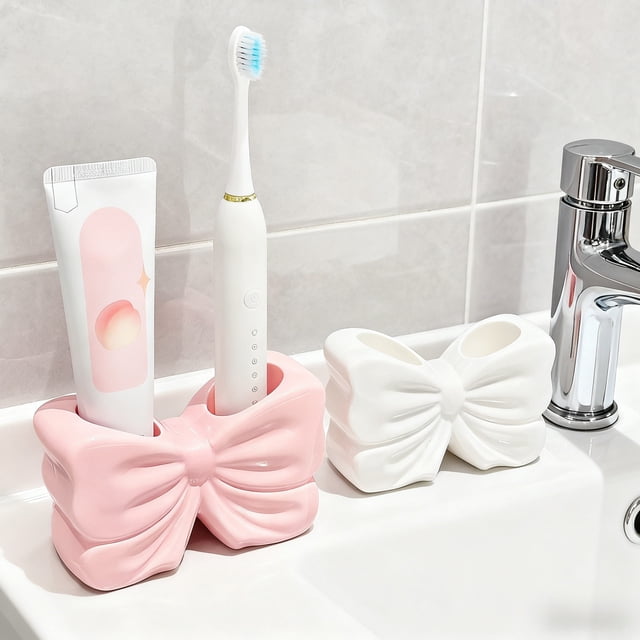 Bowayaoa Bow Shaped Toothbrush Holder, Bathroom Storage Rack for Countertop, Resin Organizer for Sink, Multi-Slot Brush Stand, Cute Home Accessory