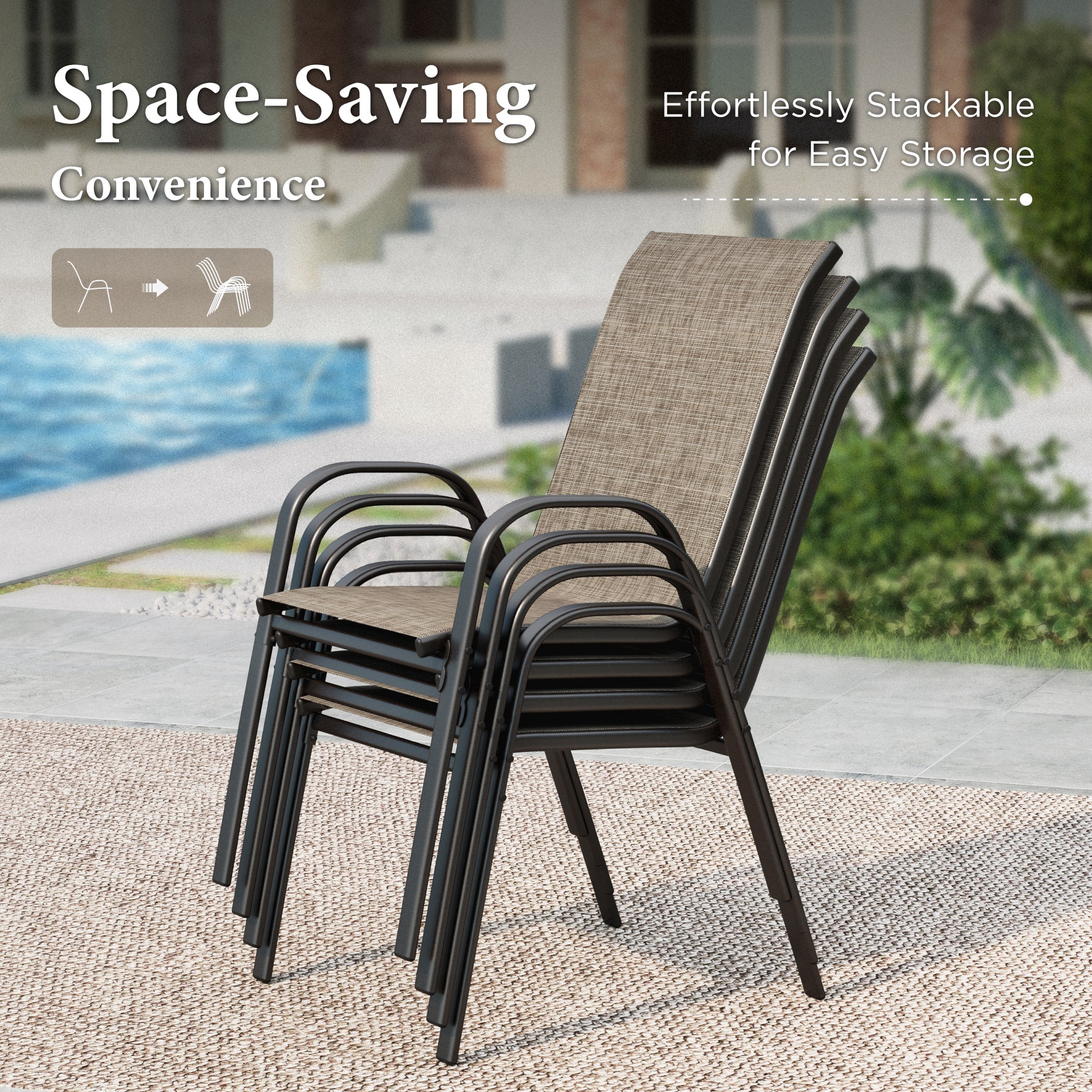 9-Piece Outdoor Patio Dining Set, 8 Stackable Textilene Chairs (Weight Capacity 350 lbs) and Metal Steel Table with Umbrella Hole, Black & Grayish-brown