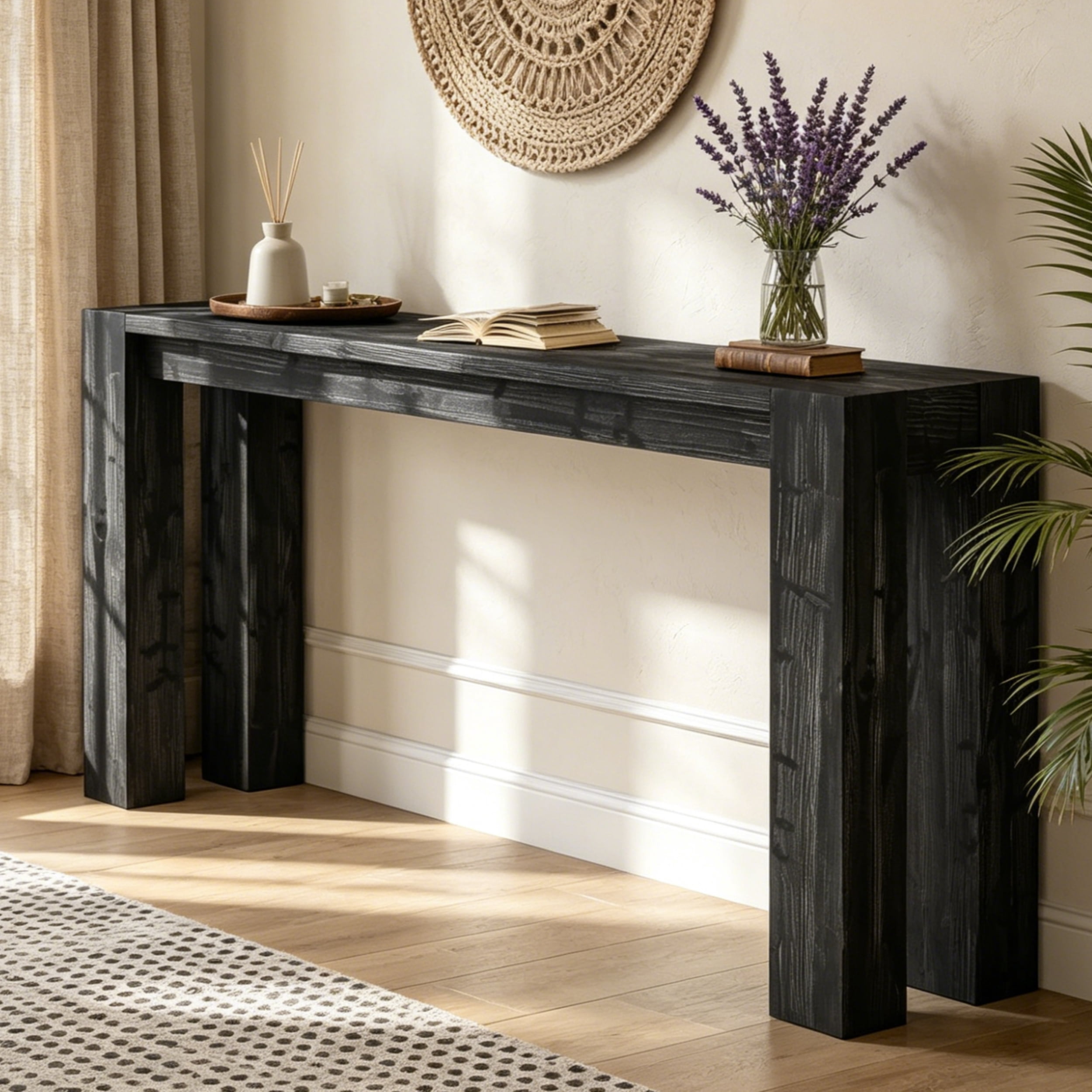 Fnova 70.9" Solid Wood Black Console Table, Farmhouse Extra Long Narrow Entryway Table, Heavy Duty Sofa Table for Living Room, Hallway, Foyer
