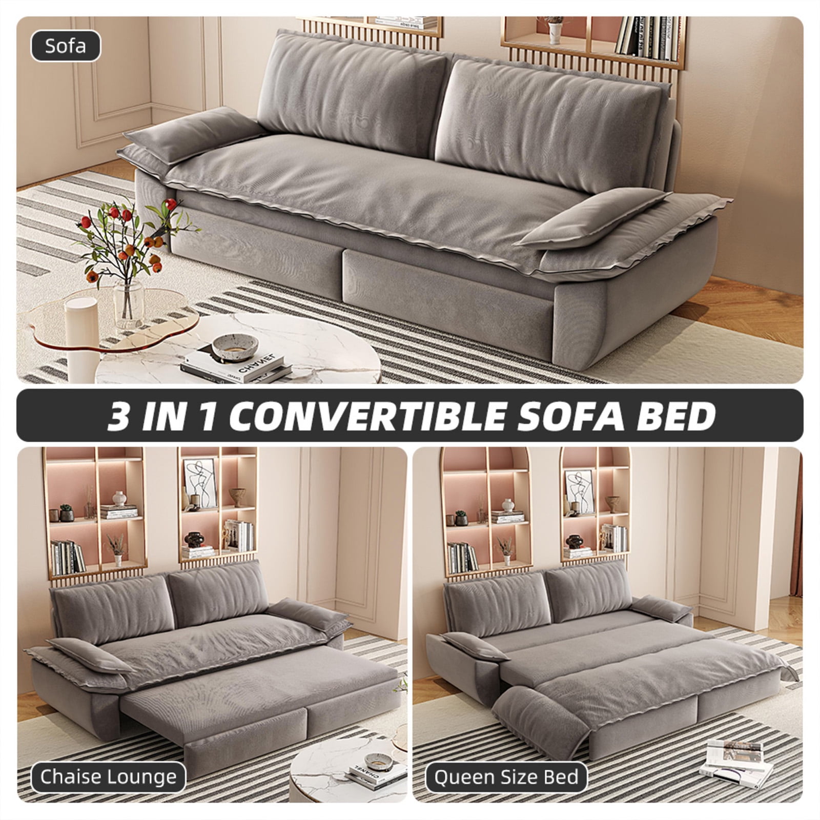 Firscook 73.2" Queen Pull Out Sofa Bed, Velvet Convertible Sleeper Couch for Small Spaces, Gray