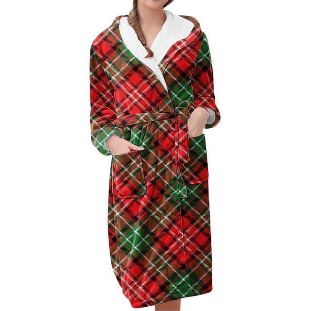 Women's Fleece Plush Robe Long Warm Plush Bathrobe Loungewear Jacket Printed Comfort Robe