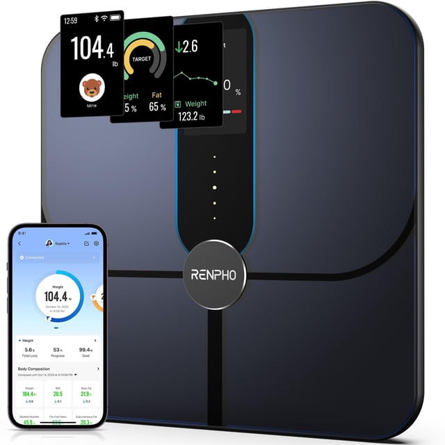 Báscula inteligente RENPHO para grasa corporal con pantalla TFT LCD de 18 métricas, recargable