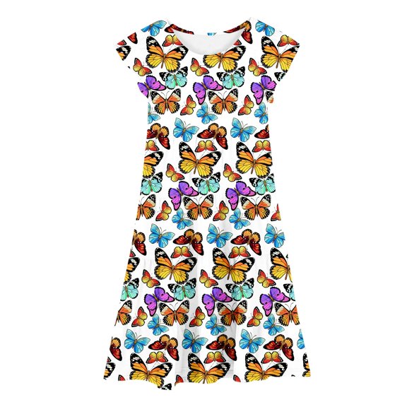 Utlike Summer Dress For Girls Casual Flutter Sleeve Colorful Print Tiered Princess Dress Comfortable Stretchy Waist Spring Fall Popular Sundress For Girl Size 10 Years-11 Years