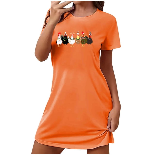 Sakmal Robe de Nuit Confortable pour Femmes Ultra-Douce Noël Orange Grande Taille Pyjama Robe de Nuit Manches Courtes Col Rond Imprimé Dindes P-2TG