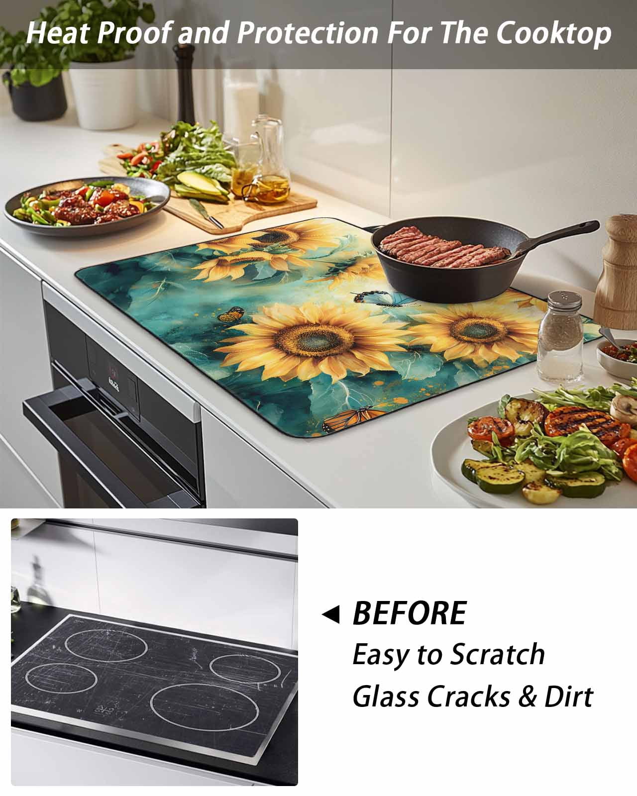 Stove Top Covers for Electric Stove, Sunflower Butterfly Glass Stovetop Cover Protector, Retro Green Yellow Pastoral Floral Induction Cooktop Protector Oven Mat for Kitchen Countertop 24"x21"