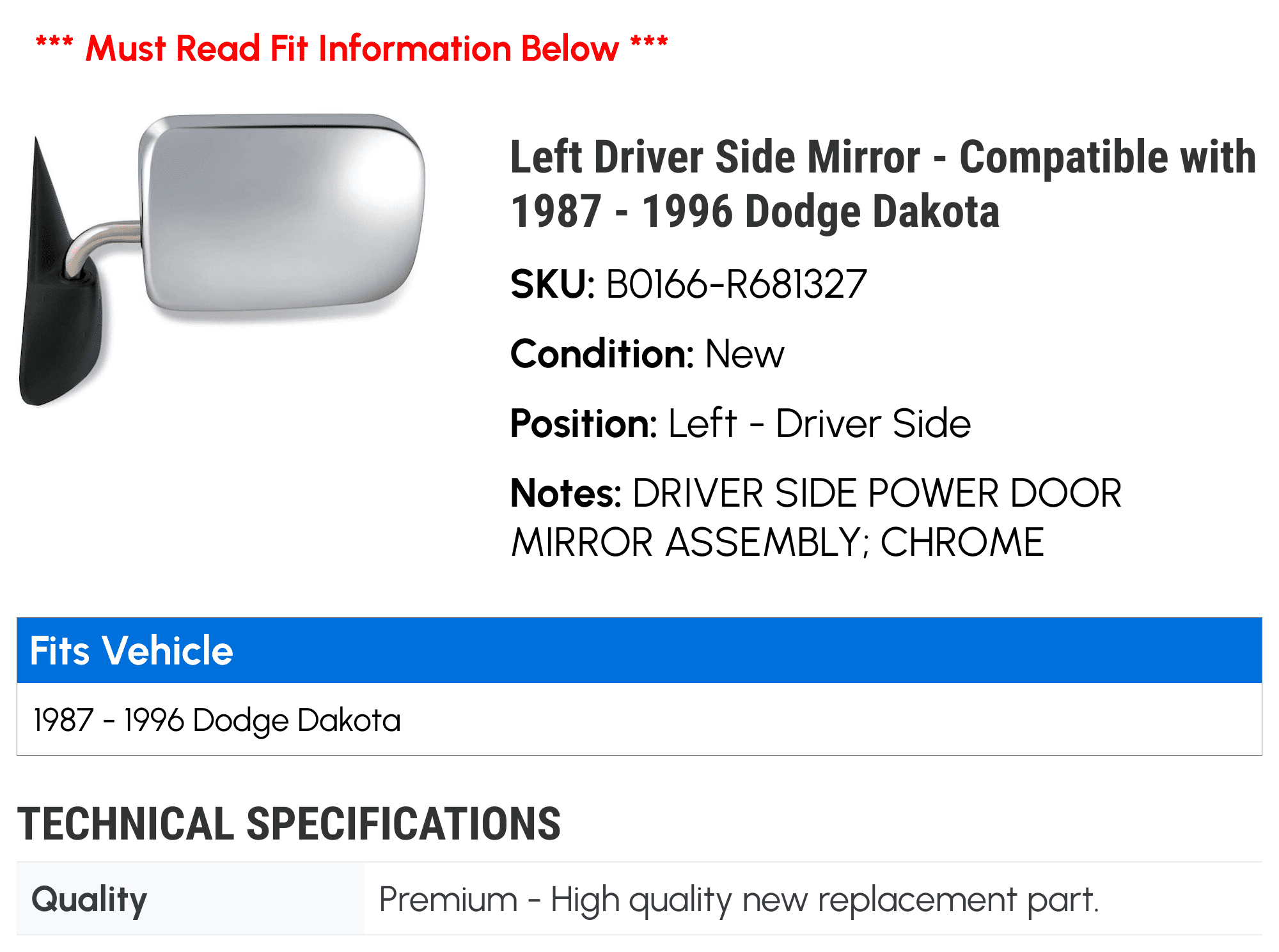 Manual Mirror For 1987-1996 Dodge Dakota Passenger Side - 5x7", Textured Black, Paint To Match