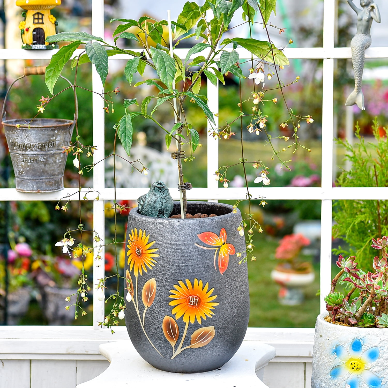 Sungmor 10.6 Inch Ceramic Succulent Plant Pot with Drainage Hole, Hand Painted Flower Pots for Plants, Unique Texture Decorative Planter for Indoor and Outdoor, Pottery Vase for Home Office Decor