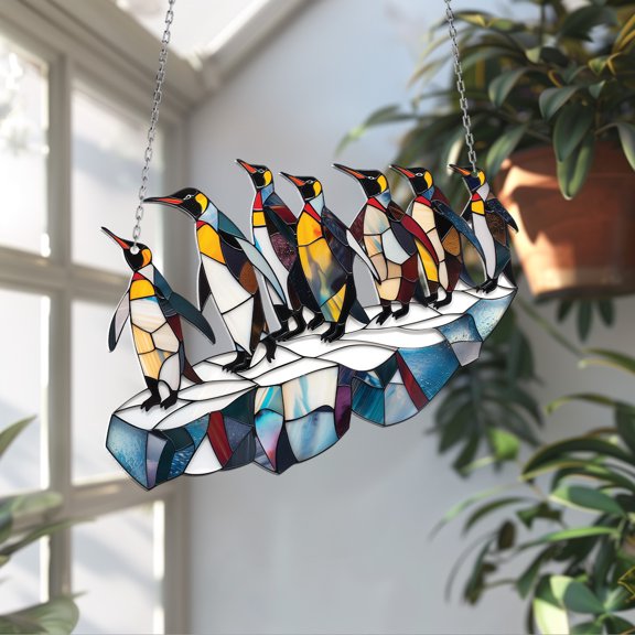 Penguin Acrylic 2D Window Hanging, Stained Glass Style Iceberg Scene, Perfect Indoor Home Decoration Gift for Nature and Animal Lovers