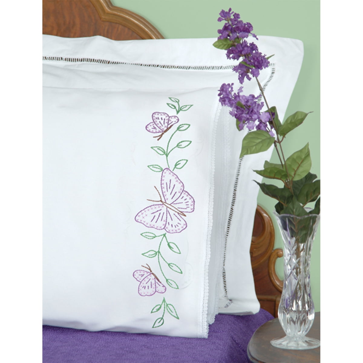 Stamped Pillowcases W/White Lace Edge 2/PkgButterflies
