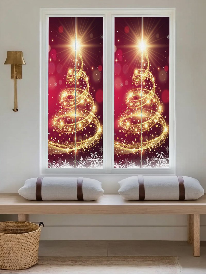Whimsical Christmas Window Privacy Film Modern Gold Christmas Tree ...