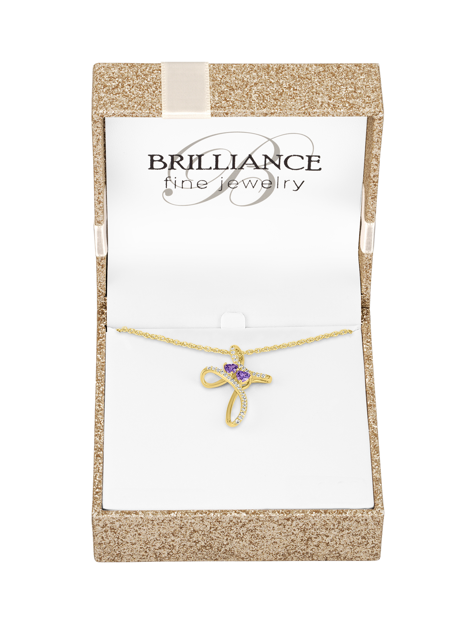 Ladies Brilliance Fine Jewelry 14 Kt Gold Plated Simulated Amethyst & CZ Cross Pendant, 18"
