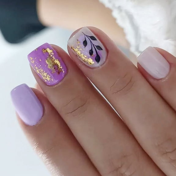 Zeiwohndc 24Pcs Shinys Purple Press On Nail Gold Glitters Short Fake Nail Autumn Winter Wear Easy to Apply