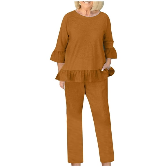 Pants Sets Women 2 Piece Outfits Dressy Casual Cotton Linen 3/4 Sleeve Shirt Blouse And Pants Set With Pocket