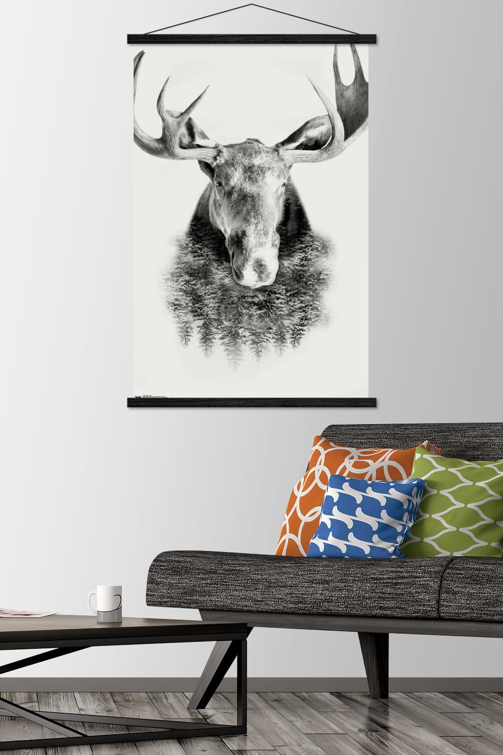 Moose - Trees Wall Poster with Wooden Magnetic Frame, 22.375" x 34"