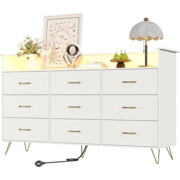 9 Drawer Wooden Dressers for Bedroom with LED Lights & Charging Station, Wood Chest of Drawers with App Control, Modern Large Storage Cabinet for Living Room, Closet, 36.6" H x 62.8" W x 16.7" D