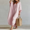 thumbnail image 4 of ClodeEU Women's V-Neck 3/4 Sleeve Linen Blend Maxi Dress, Casual Loose Swing Sundress Pink,Women's Plus L, 4 of 8